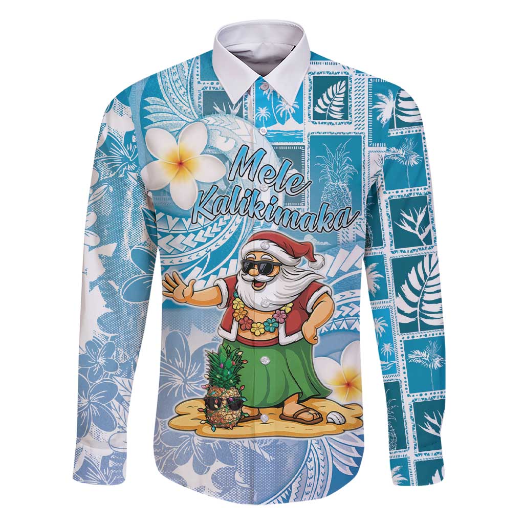 Hawaii Mele Kalikimaka Family Matching Short Sleeve Bodycon Dress and Hawaiian Shirt Hula Santa Retro Style Blue LT05 Dad's Shirt - Long Sleeve Blue - Polynesian Pride
