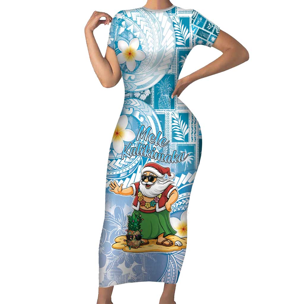 Hawaii Mele Kalikimaka Family Matching Short Sleeve Bodycon Dress and Hawaiian Shirt Hula Santa Retro Style Blue LT05 Mom's Dress Blue - Polynesian Pride