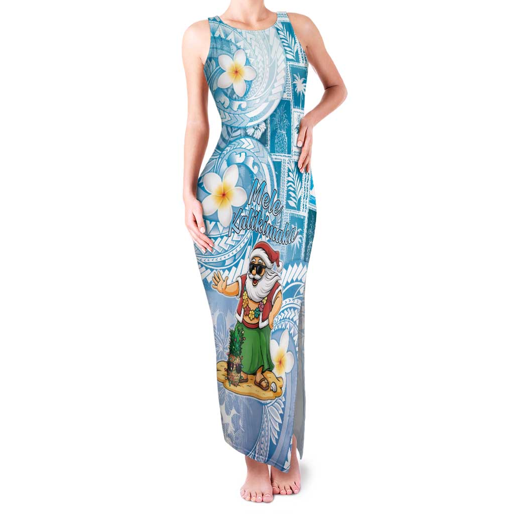 Hawaii Mele Kalikimaka Family Matching Tank Maxi Dress and Hawaiian Shirt Hula Santa Retro Style Blue LT05 Mom's Dress Blue - Polynesian Pride