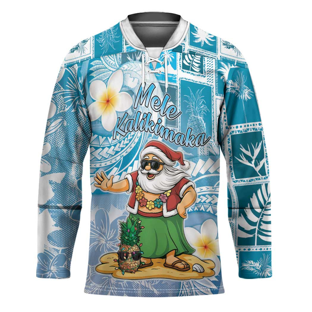 Hawaii Mele Kalikimaka Hockey Jersey Hula Santa Retro Style Blue - Polynesian Pride
