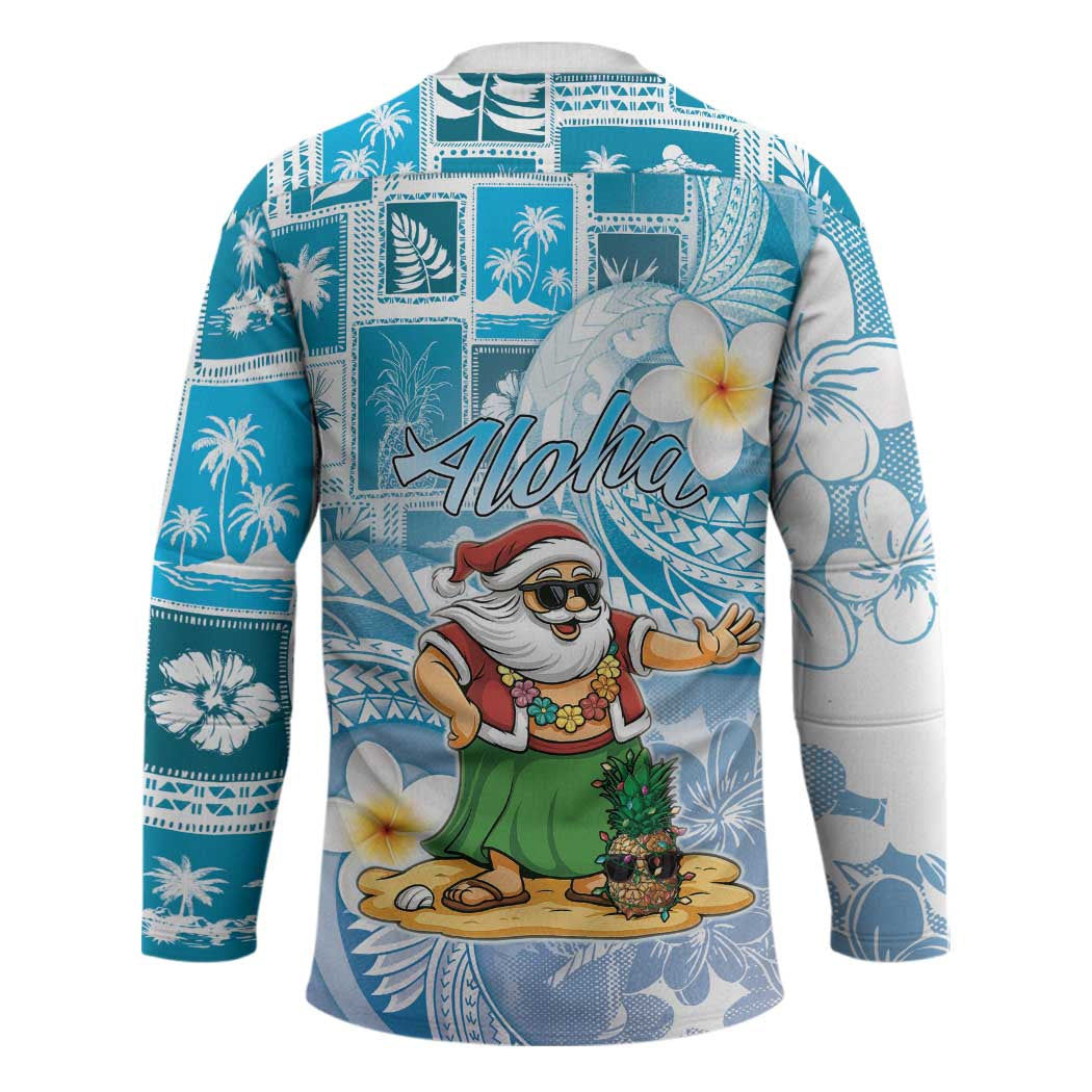 Hawaii Mele Kalikimaka Hockey Jersey Hula Santa Retro Style Blue - Polynesian Pride