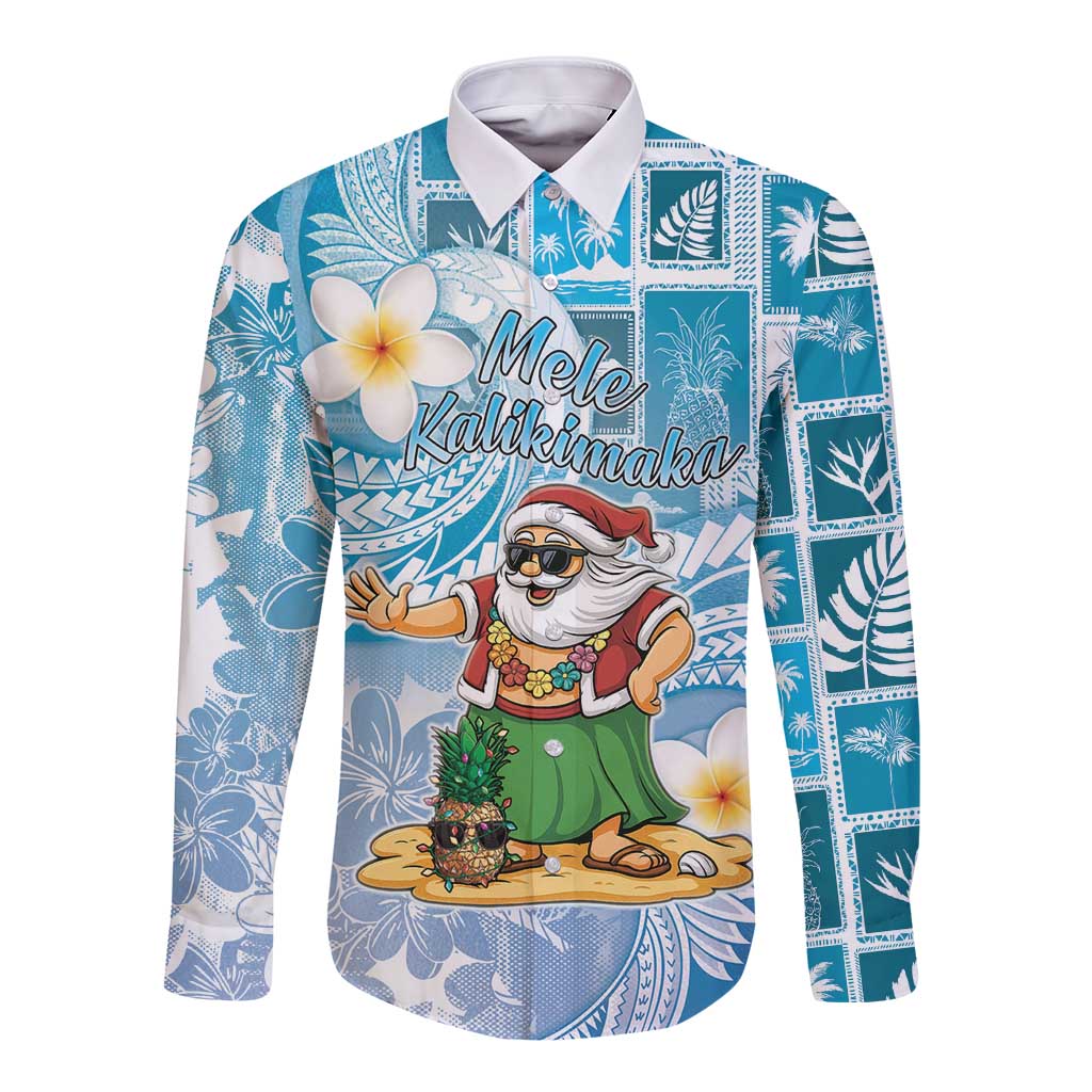 Hawaii Mele Kalikimaka Long Sleeve Button Shirt Hula Santa Retro Style Blue LT05 Unisex Blue - Polynesian Pride