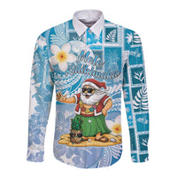 Hawaii Mele Kalikimaka Long Sleeve Button Shirt Hula Santa Retro Style Blue LT05 Unisex Blue - Polynesian Pride