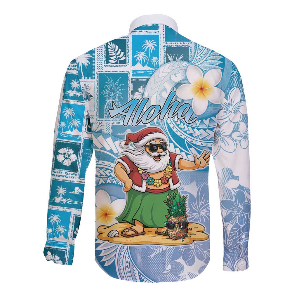 Hawaii Mele Kalikimaka Long Sleeve Button Shirt Hula Santa Retro Style Blue LT05 - Polynesian Pride