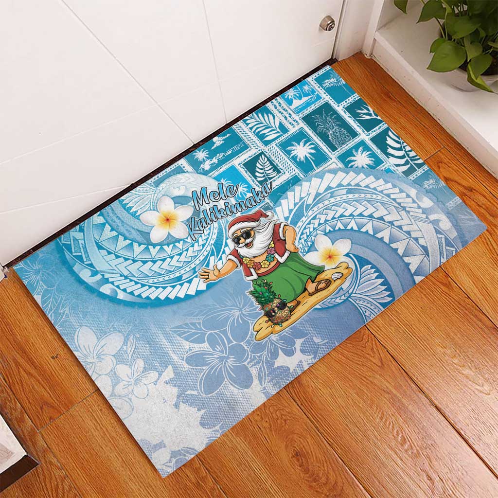 Hawaii Mele Kalikimaka Rubber Doormat Hula Santa Retro Style Blue - Polynesian Pride