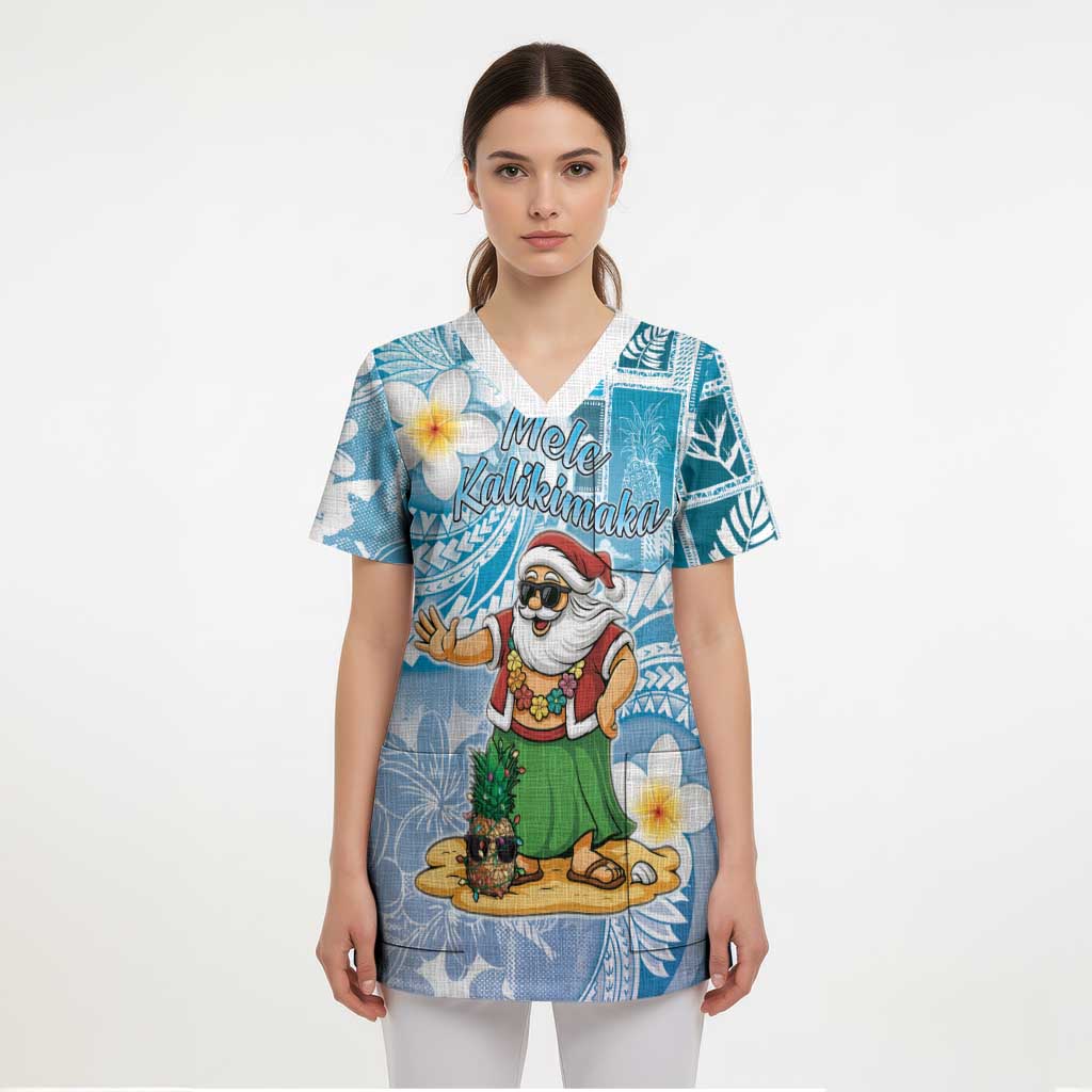 Hawaii Mele Kalikimaka Scrub Top Hula Santa Retro Style Blue LT05 - Polynesian Pride