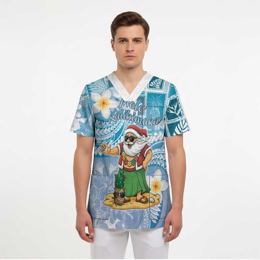 Hawaii Mele Kalikimaka Scrub Top Hula Santa Retro Style Blue LT05 - Polynesian Pride