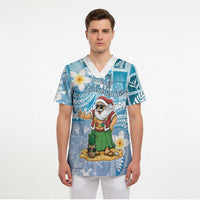 Hawaii Mele Kalikimaka Scrub Top Hula Santa Retro Style Blue LT05 - Polynesian Pride