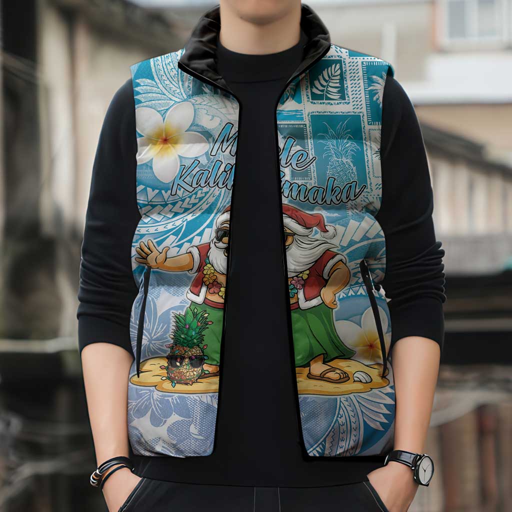 Hawaii Mele Kalikimaka Sleeveless Puffer Jacket Hula Santa Retro Style Blue - Polynesian Pride
