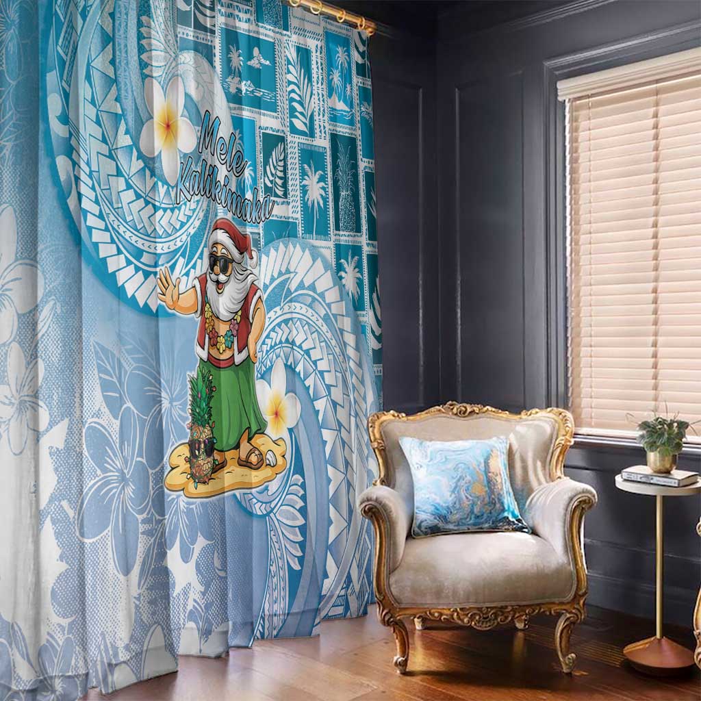 Hawaii Mele Kalikimaka Window Curtain Hula Santa Retro Style Blue - Polynesian Pride