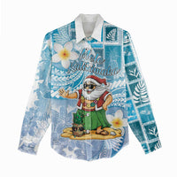 Hawaii Mele Kalikimaka Women Casual Shirt Hula Santa Retro Style Blue - Polynesian Pride