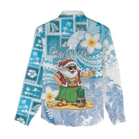 Hawaii Mele Kalikimaka Women Casual Shirt Hula Santa Retro Style Blue - Polynesian Pride