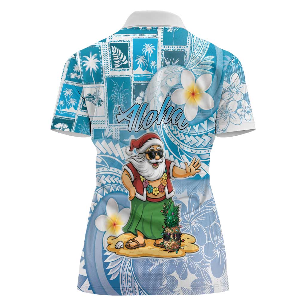 Hawaii Mele Kalikimaka Women Polo Shirt Hula Santa Retro Style Blue - Polynesian Pride