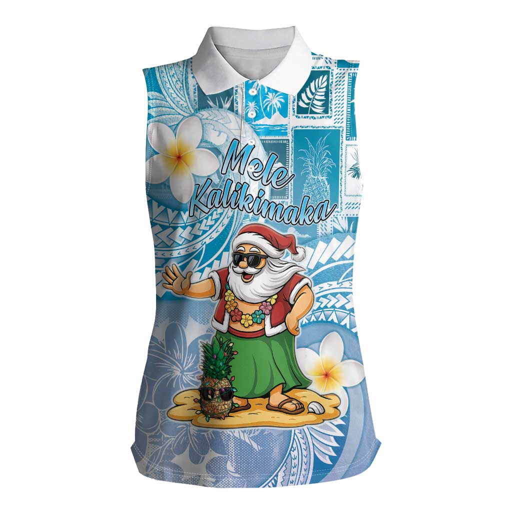 Hawaii Mele Kalikimaka Women Sleeveless Polo Shirt Hula Santa Retro Style Blue LT05 Female Blue - Polynesian Pride