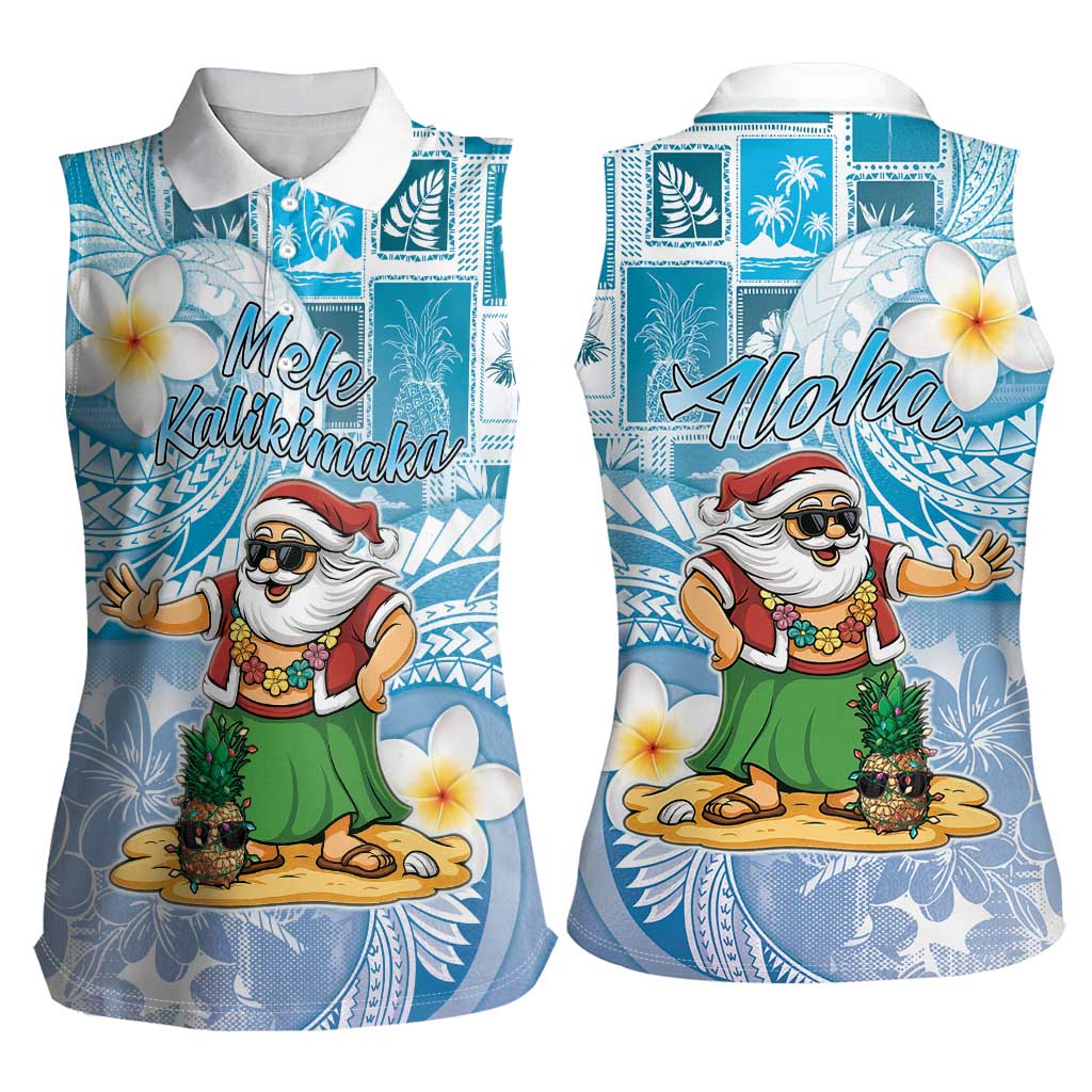 Hawaii Mele Kalikimaka Women Sleeveless Polo Shirt Hula Santa Retro Style Blue LT05 - Polynesian Pride