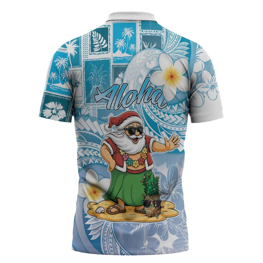 Hawaii Mele Kalikimaka Zipper Polo Shirt Hula Santa Retro Style Blue - Polynesian Pride