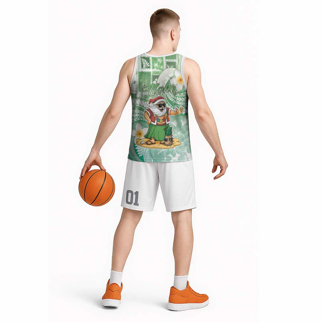 Hawaii Mele Kalikimaka Basketball Jersey Hula Santa Retro Style Green - Polynesian Pride
