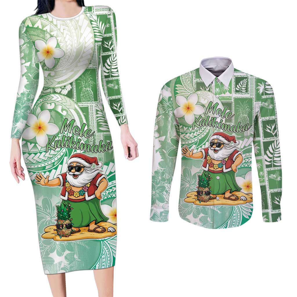 Hawaii Mele Kalikimaka Couples Matching Long Sleeve Bodycon Dress and Long Sleeve Button Shirt Hula Santa Retro Style Green LT05 Green - Polynesian Pride