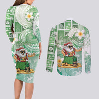 Hawaii Mele Kalikimaka Couples Matching Long Sleeve Bodycon Dress and Long Sleeve Button Shirt Hula Santa Retro Style Green LT05 - Polynesian Pride