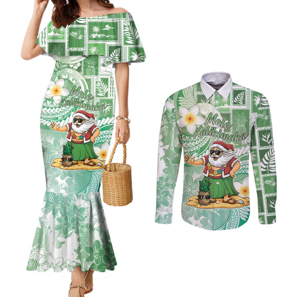 Hawaii Mele Kalikimaka Couples Matching Mermaid Dress and Long Sleeve Button Shirt Hula Santa Retro Style Green LT05 Green - Polynesian Pride
