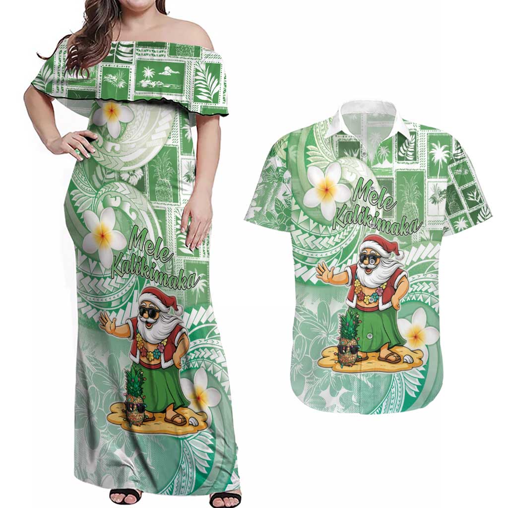 Hawaii Mele Kalikimaka Couples Matching Off Shoulder Maxi Dress and Hawaiian Shirt Hula Santa Retro Style Green LT05 Green - Polynesian Pride