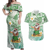 Hawaii Mele Kalikimaka Couples Matching Off Shoulder Maxi Dress and Hawaiian Shirt Hula Santa Retro Style Green LT05 Green - Polynesian Pride
