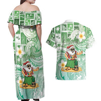 Hawaii Mele Kalikimaka Couples Matching Off Shoulder Maxi Dress and Hawaiian Shirt Hula Santa Retro Style Green LT05 - Polynesian Pride