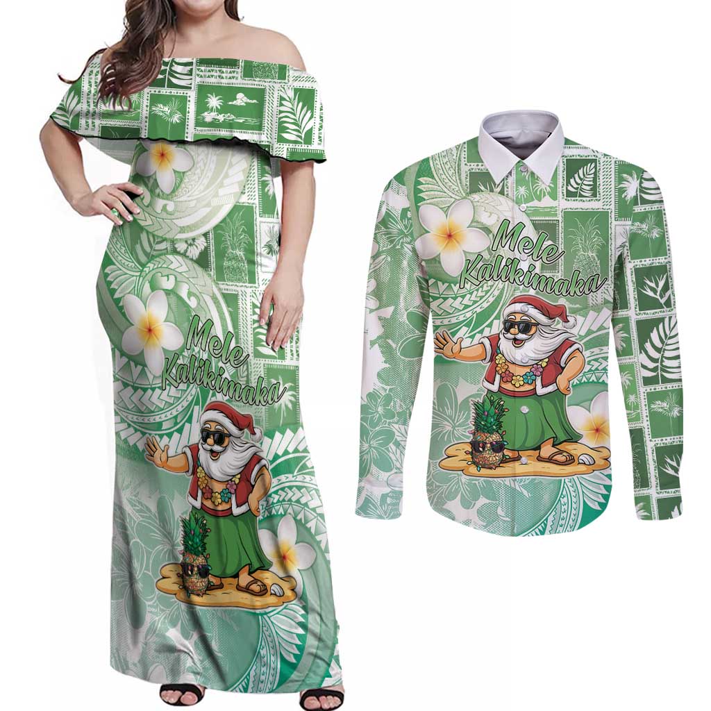Hawaii Mele Kalikimaka Couples Matching Off Shoulder Maxi Dress and Long Sleeve Button Shirt Hula Santa Retro Style Green LT05 Green - Polynesian Pride