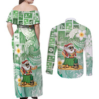 Hawaii Mele Kalikimaka Couples Matching Off Shoulder Maxi Dress and Long Sleeve Button Shirt Hula Santa Retro Style Green LT05 - Polynesian Pride