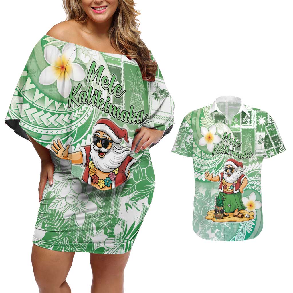 Hawaii Mele Kalikimaka Couples Matching Off Shoulder Short Dress and Hawaiian Shirt Hula Santa Retro Style Green LT05 Green - Polynesian Pride
