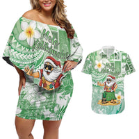 Hawaii Mele Kalikimaka Couples Matching Off Shoulder Short Dress and Hawaiian Shirt Hula Santa Retro Style Green LT05 Green - Polynesian Pride
