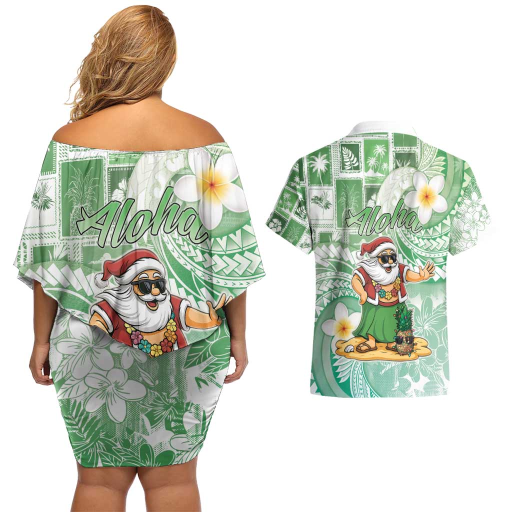 Hawaii Mele Kalikimaka Couples Matching Off Shoulder Short Dress and Hawaiian Shirt Hula Santa Retro Style Green LT05 - Polynesian Pride