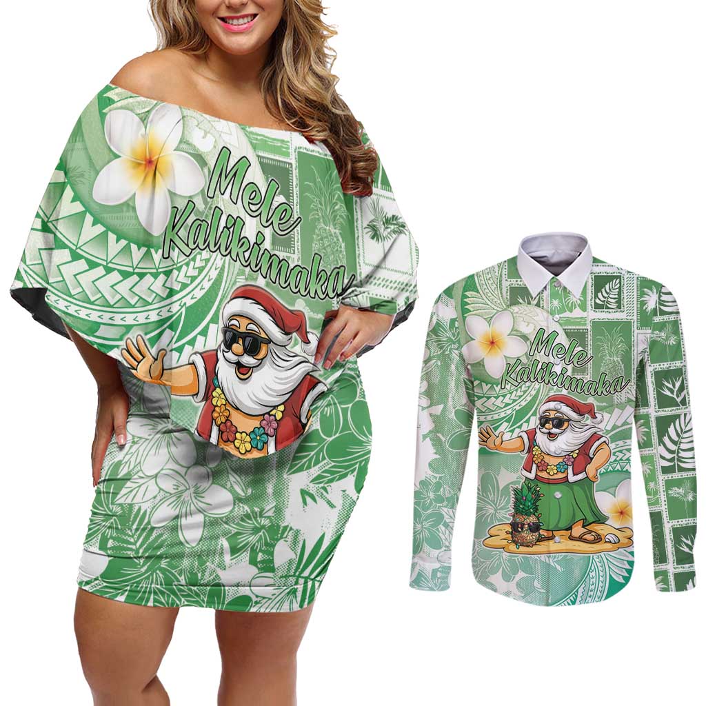 Hawaii Mele Kalikimaka Couples Matching Off Shoulder Short Dress and Long Sleeve Button Shirt Hula Santa Retro Style Green LT05 Green - Polynesian Pride