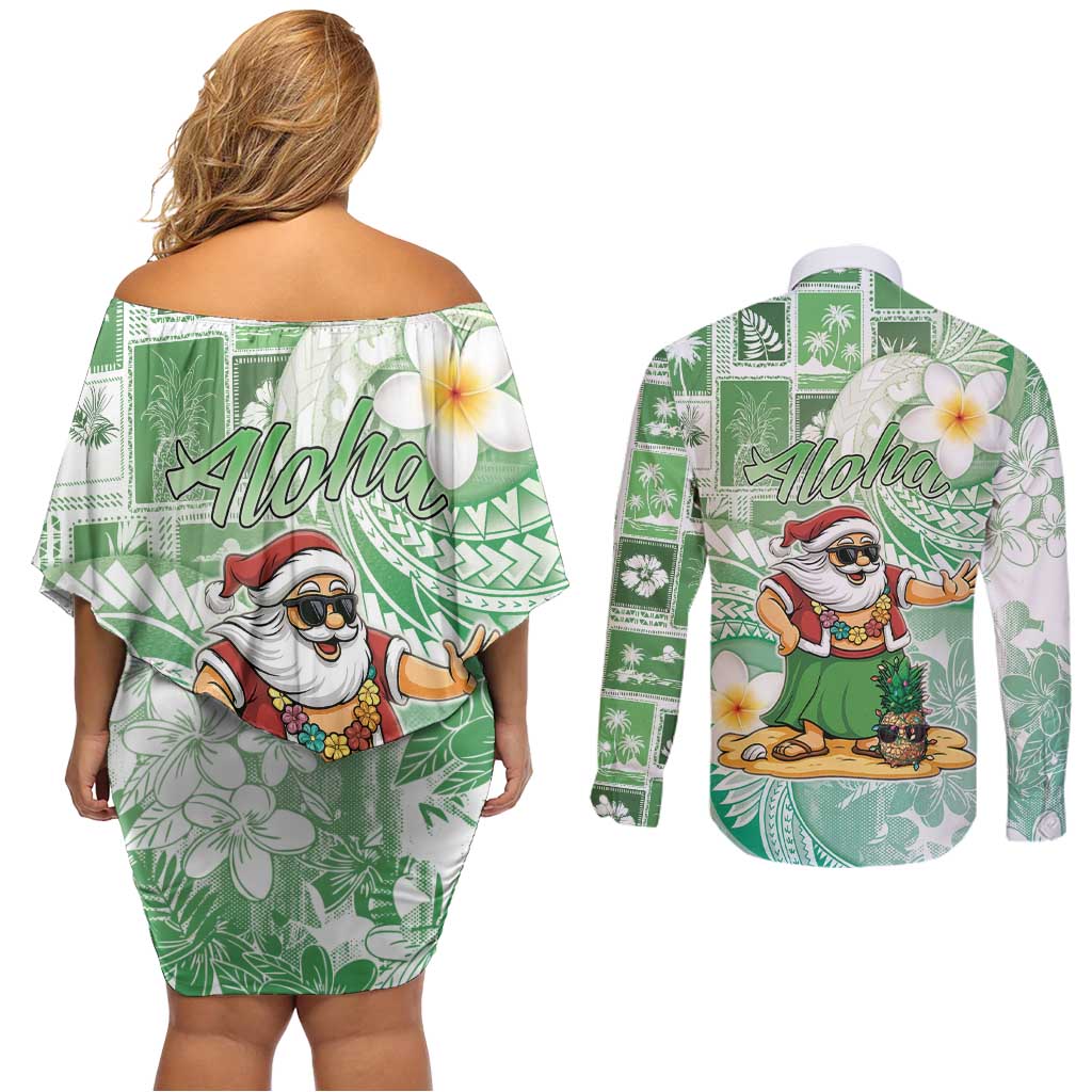 Hawaii Mele Kalikimaka Couples Matching Off Shoulder Short Dress and Long Sleeve Button Shirt Hula Santa Retro Style Green LT05 - Polynesian Pride