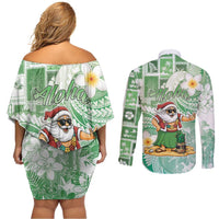 Hawaii Mele Kalikimaka Couples Matching Off Shoulder Short Dress and Long Sleeve Button Shirt Hula Santa Retro Style Green LT05 - Polynesian Pride