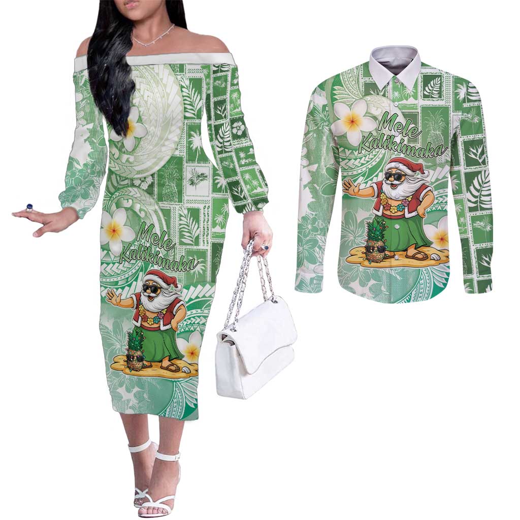 Hawaii Mele Kalikimaka Couples Matching Off The Shoulder Long Sleeve Dress and Long Sleeve Button Shirt Hula Santa Retro Style Green LT05 Green - Polynesian Pride