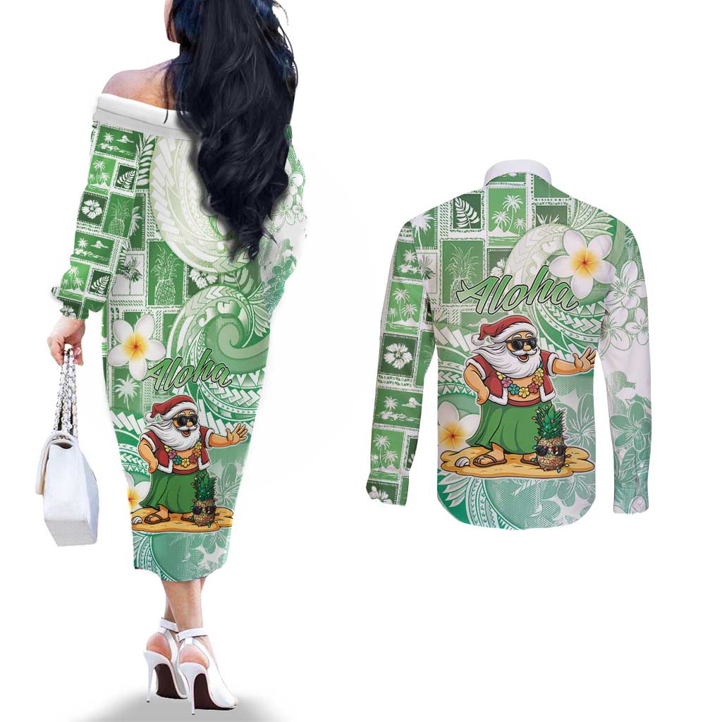 Hawaii Mele Kalikimaka Couples Matching Off The Shoulder Long Sleeve Dress and Long Sleeve Button Shirt Hula Santa Retro Style Green LT05 - Polynesian Pride