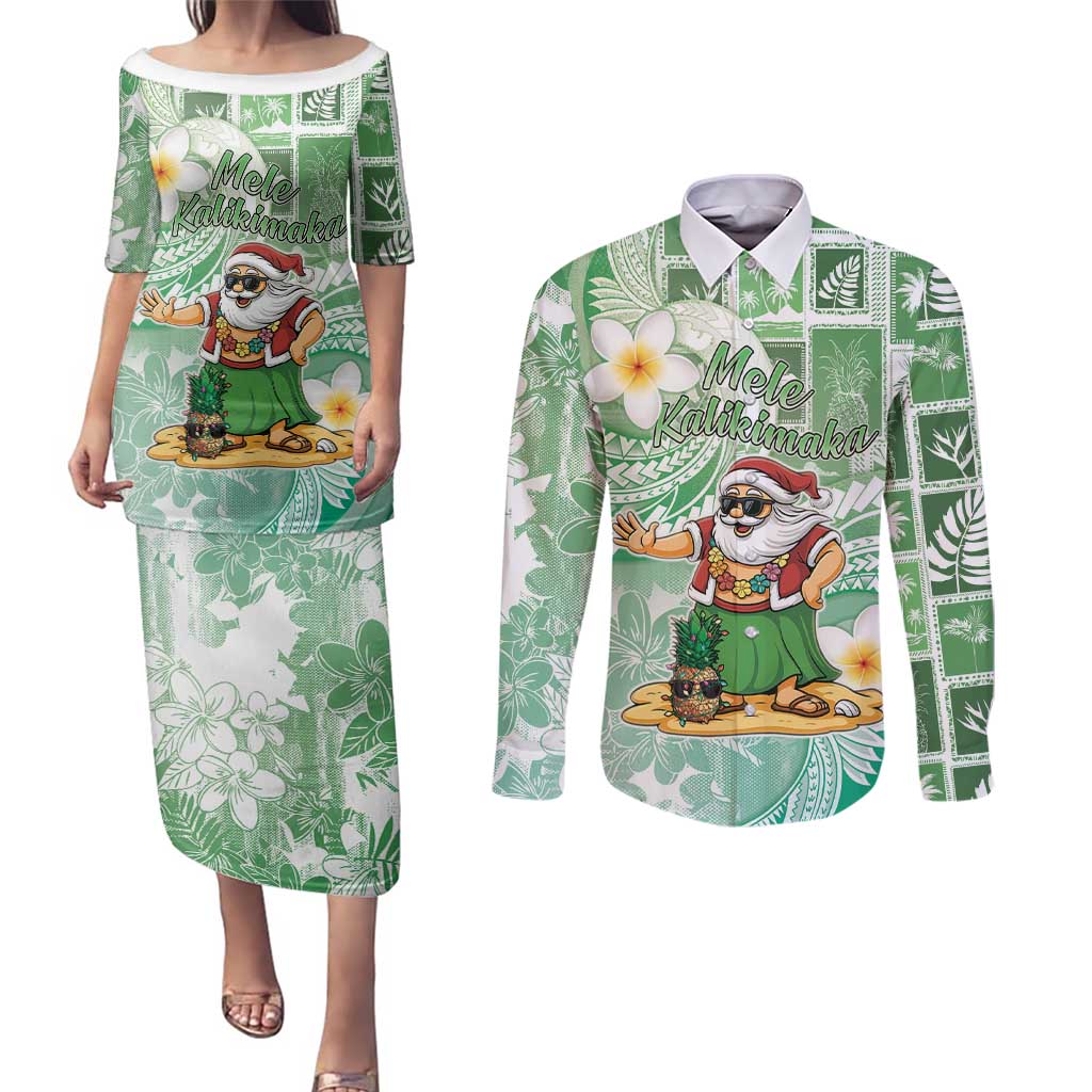 Hawaii Mele Kalikimaka Couples Matching Puletasi and Long Sleeve Button Shirt Hula Santa Retro Style Green LT05 Green - Polynesian Pride