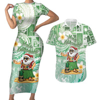 Hawaii Mele Kalikimaka Couples Matching Short Sleeve Bodycon Dress and Hawaiian Shirt Hula Santa Retro Style Green LT05 Green - Polynesian Pride