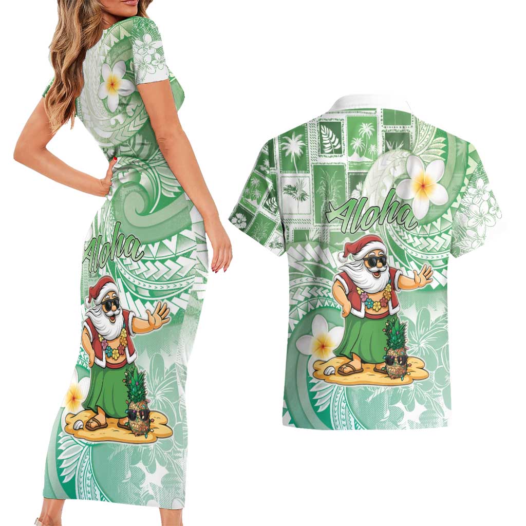 Hawaii Mele Kalikimaka Couples Matching Short Sleeve Bodycon Dress and Hawaiian Shirt Hula Santa Retro Style Green LT05 - Polynesian Pride