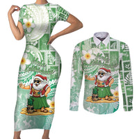 Hawaii Mele Kalikimaka Couples Matching Short Sleeve Bodycon Dress and Long Sleeve Button Shirt Hula Santa Retro Style Green LT05 Green - Polynesian Pride