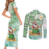 Hawaii Mele Kalikimaka Couples Matching Short Sleeve Bodycon Dress and Long Sleeve Button Shirt Hula Santa Retro Style Green LT05 - Polynesian Pride