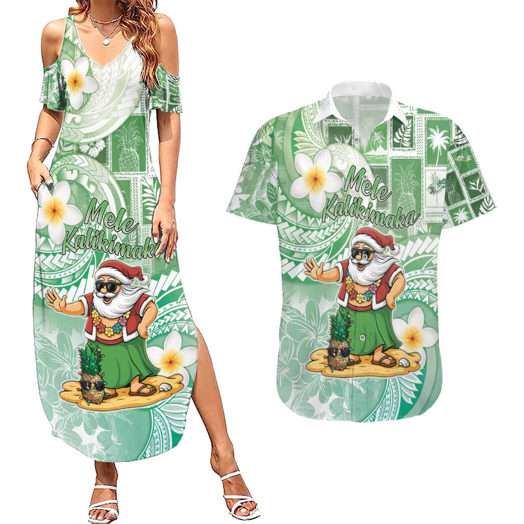 Hawaii Mele Kalikimaka Couples Matching Summer Maxi Dress and Hawaiian Shirt Hula Santa Retro Style Green LT05 Green - Polynesian Pride