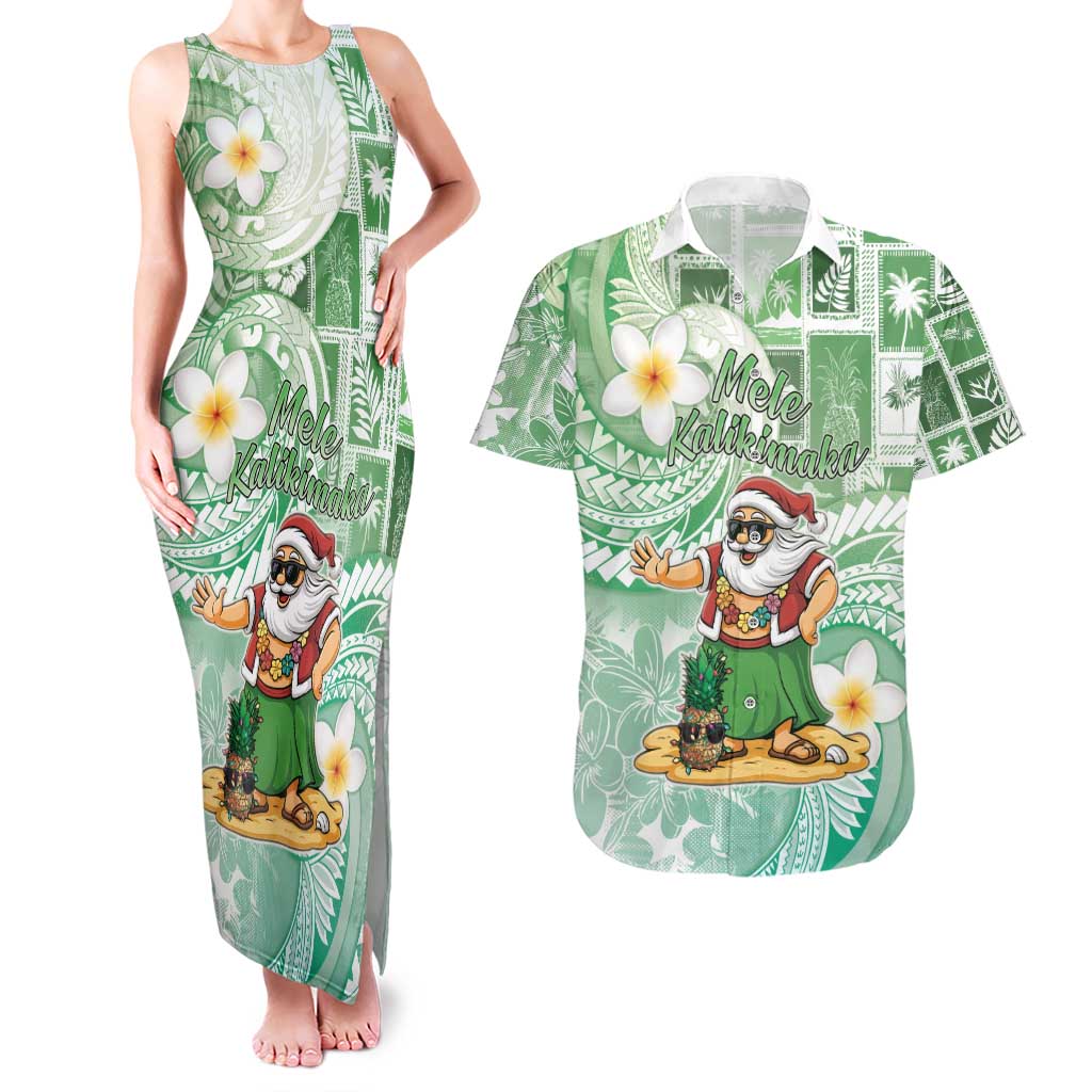 Hawaii Mele Kalikimaka Couples Matching Tank Maxi Dress and Hawaiian Shirt Hula Santa Retro Style Green LT05 Green - Polynesian Pride