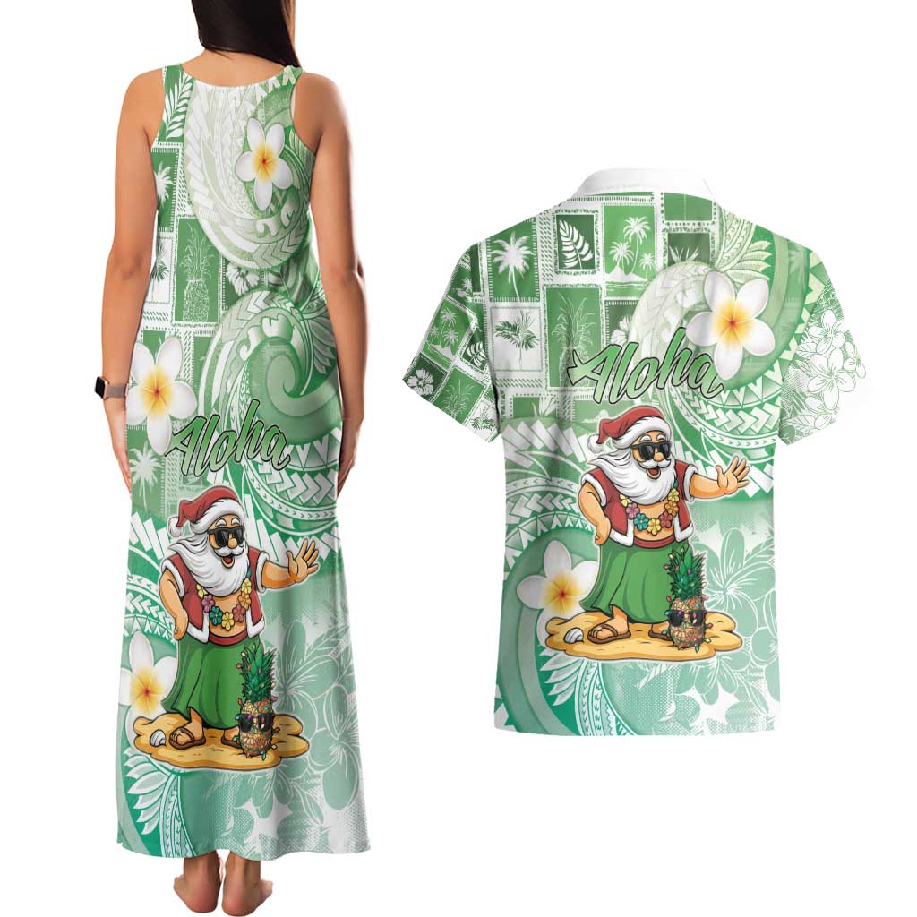 Hawaii Mele Kalikimaka Couples Matching Tank Maxi Dress and Hawaiian Shirt Hula Santa Retro Style Green LT05 - Polynesian Pride