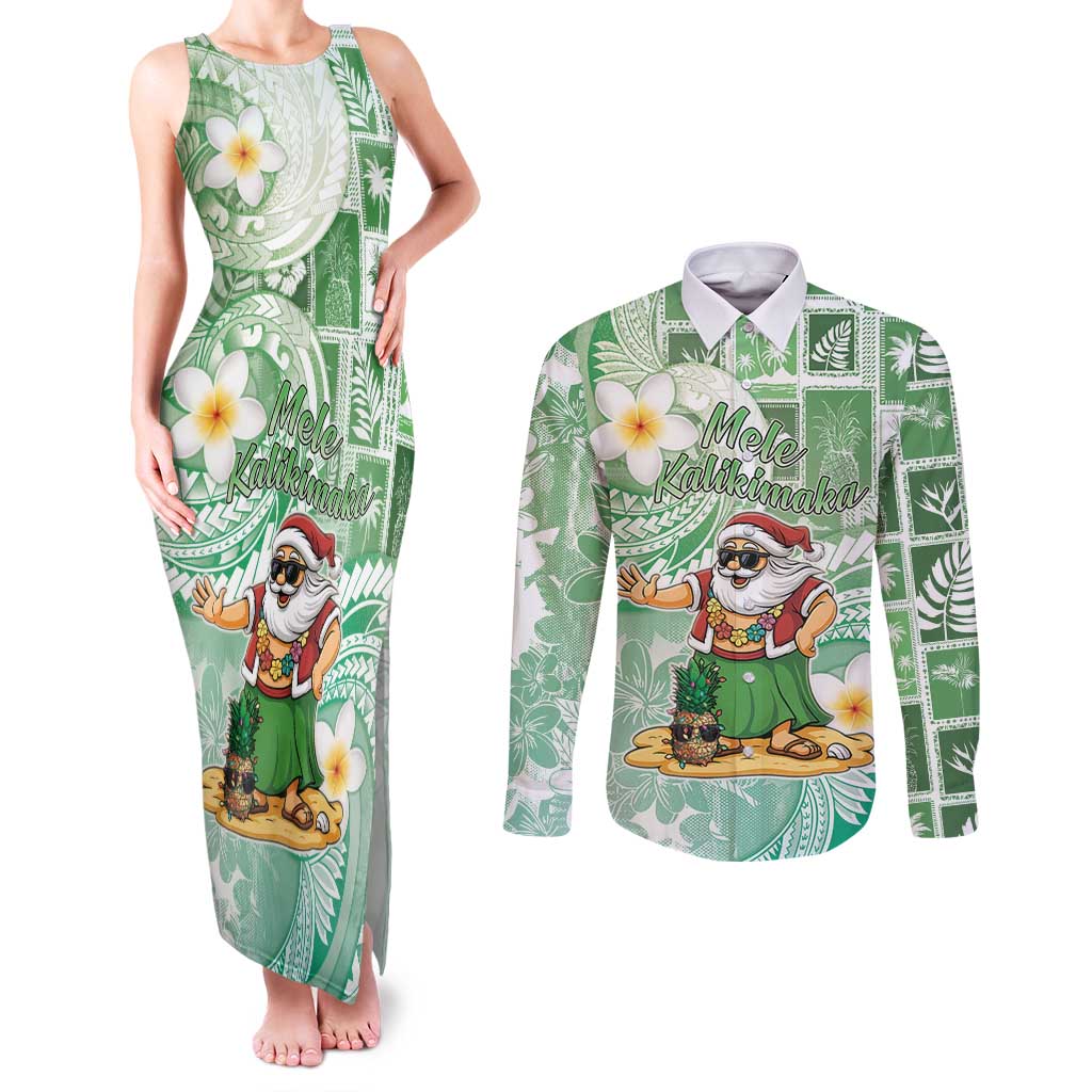 Hawaii Mele Kalikimaka Couples Matching Tank Maxi Dress and Long Sleeve Button Shirt Hula Santa Retro Style Green LT05 Green - Polynesian Pride