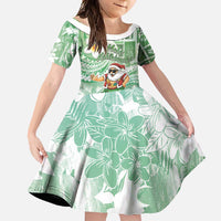 Hawaii Mele Kalikimaka Family Matching Long Sleeve Bodycon Dress and Hawaiian Shirt Hula Santa Retro Style Green LT05 Daughter's Dress Green - Polynesian Pride