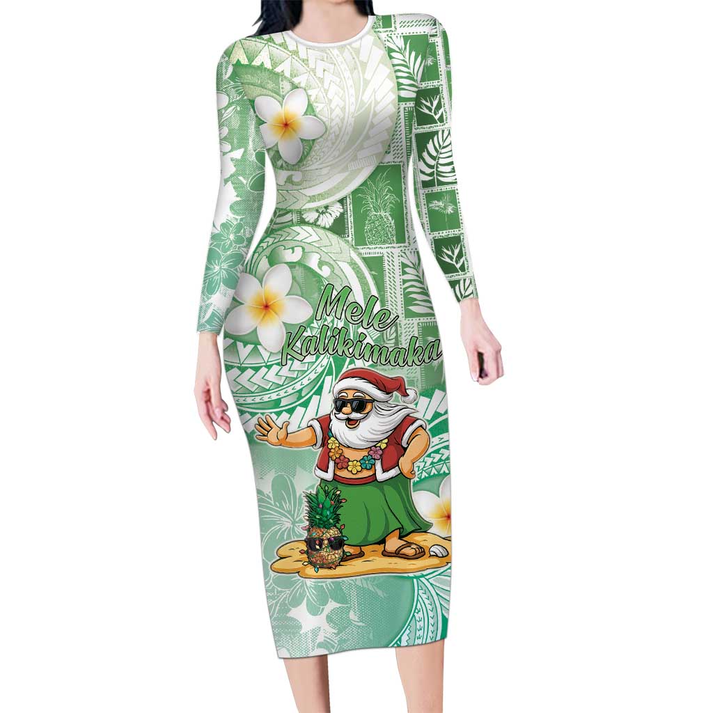 Hawaii Mele Kalikimaka Family Matching Long Sleeve Bodycon Dress and Hawaiian Shirt Hula Santa Retro Style Green LT05 Mom's Dress Green - Polynesian Pride