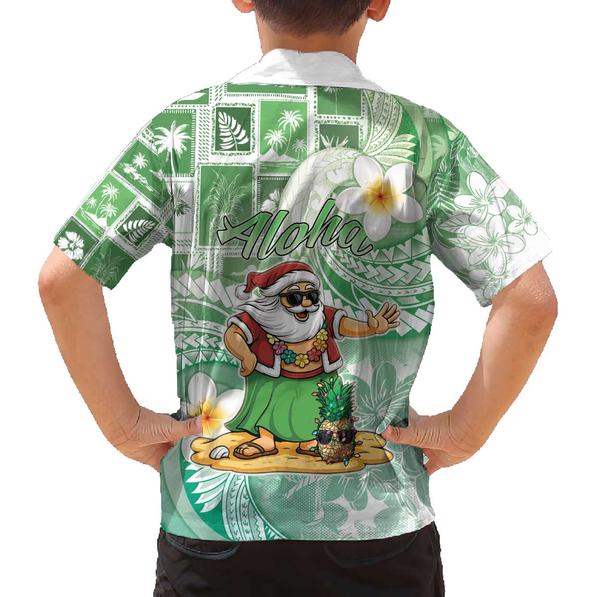 Hawaii Mele Kalikimaka Family Matching Off The Shoulder Long Sleeve Dress and Hawaiian Shirt Hula Santa Retro Style Green LT05 - Polynesian Pride