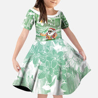 Hawaii Mele Kalikimaka Family Matching Off The Shoulder Long Sleeve Dress and Hawaiian Shirt Hula Santa Retro Style Green LT05 Daughter's Dress Green - Polynesian Pride